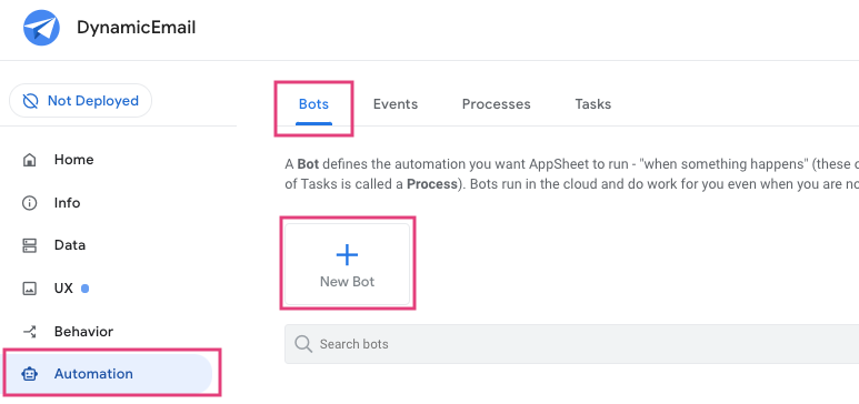 AppSheetエディタ左側メニュー「Automation」から、Bot → Event → Process → Taskの順に設定する。