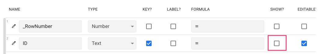 AppSheetの列設定では「ID」列のSHOW ? のチェックを外す