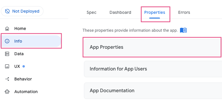 AppSheetエディタ左側メニュー、info、PropertiesタブでApp Porperties を開く。