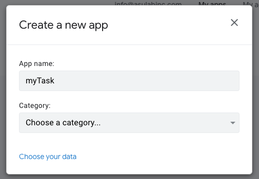 「Create a new app」を設定してAppSheetアプリを生成する。