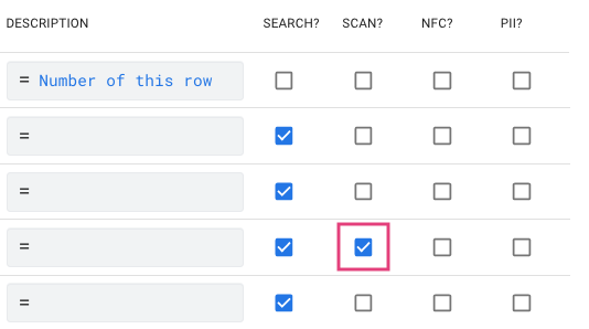 AppSheetでコードをスキャンするために、「SCAN?」にチェックを入れる。
