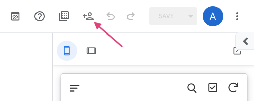 AppSheetエディタ画面の右上にある「Share」アイコンをクリックする。