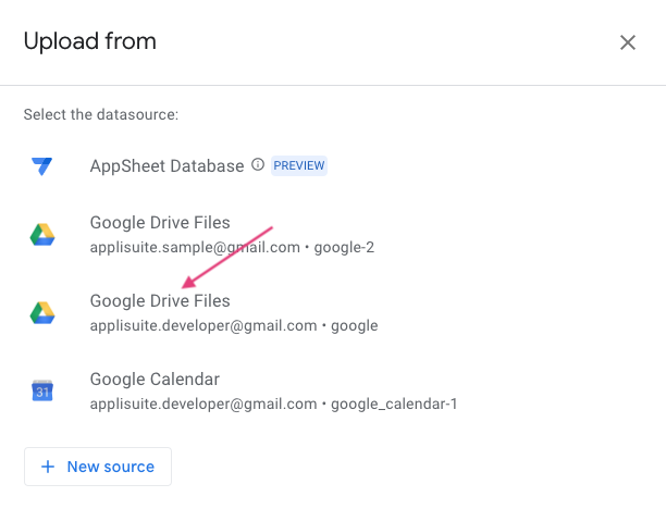 Upload fromで「Google Drive Files」を選択する。