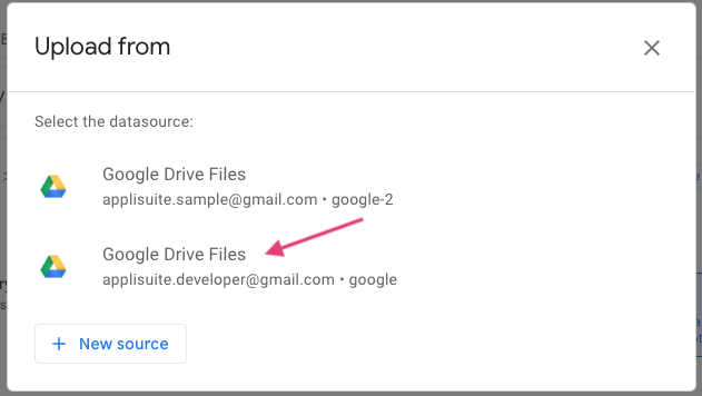 Upload fromで「Google Drive Files」を選択する。