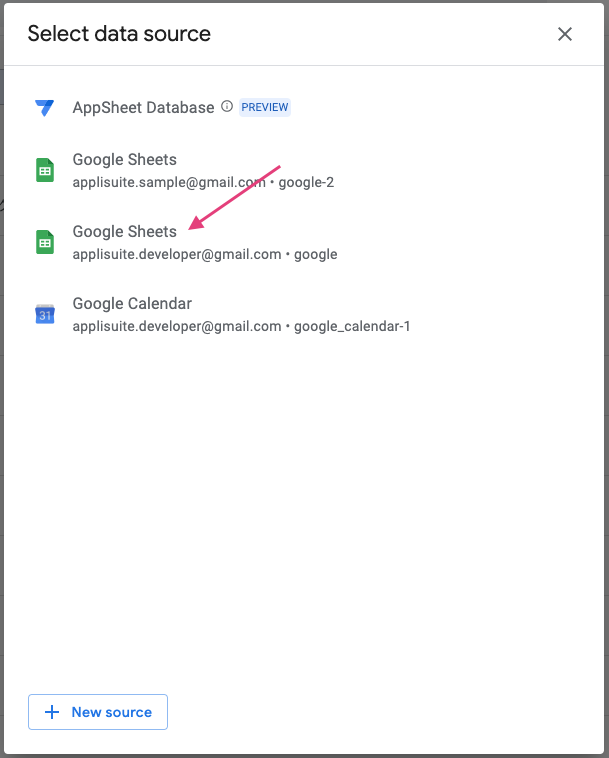 Select data sourceでGoogle Sheetsを選択する。