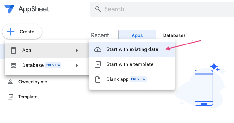AppSheetエディタで「Start with existing data」をクリックする。